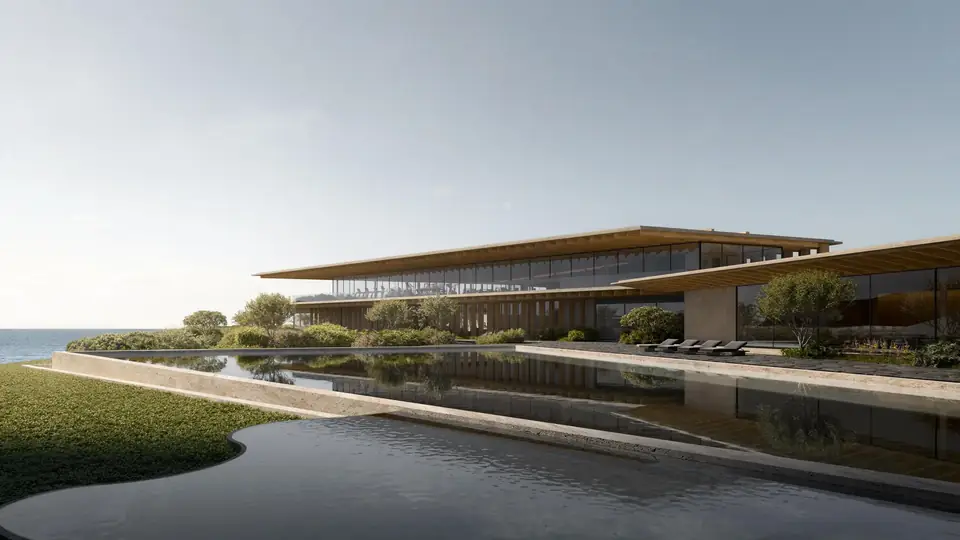 Ilustração do clube do AVA Residences, com espelho d'água, à beira da lagoa