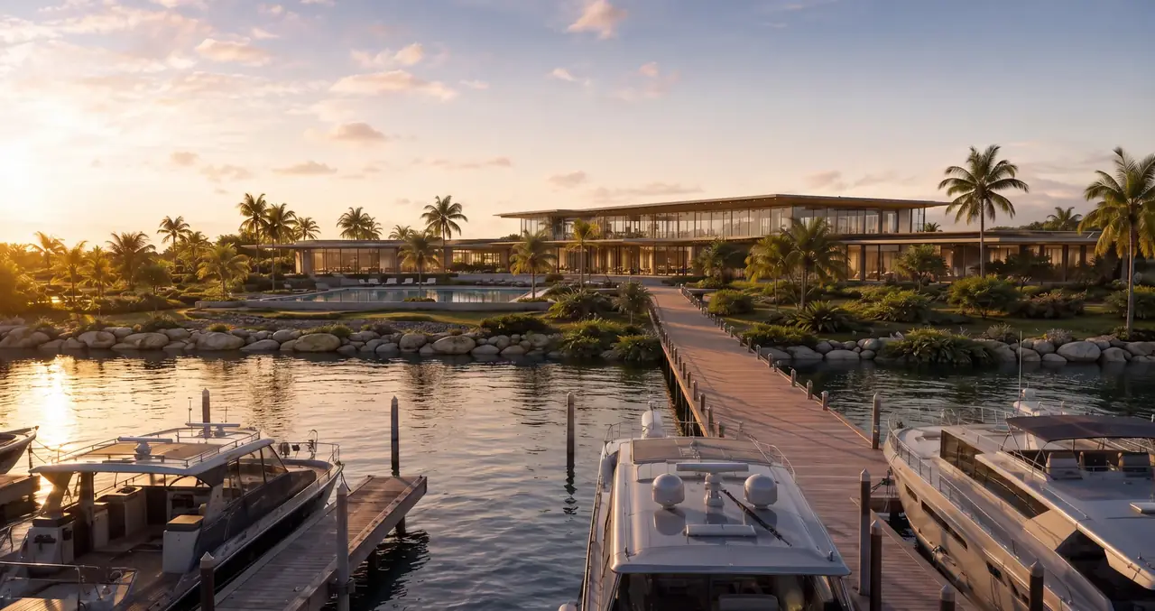 Ilustração da marina do AVA Residences ao pôr do sol, com barcos atracados no deck e o clube ao fundo